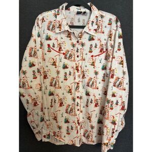 Cruel Denim XXL Fitted Western light Shirt White Novelty Desert Print Red Snaps